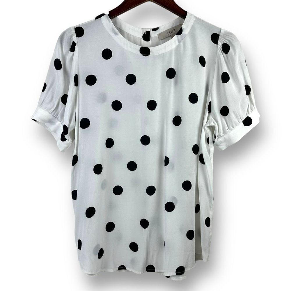 Loft Women's Size M Button Back Semi Sheer Polka Dot Blouse Black‎ White